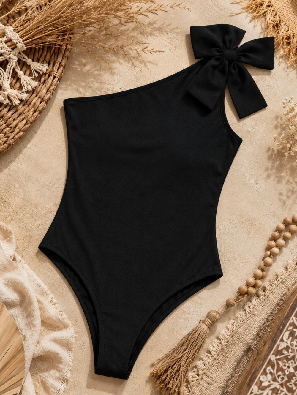 Black One-Shoulder Bow One-Piece Bosysuit MEDIUM NWOT